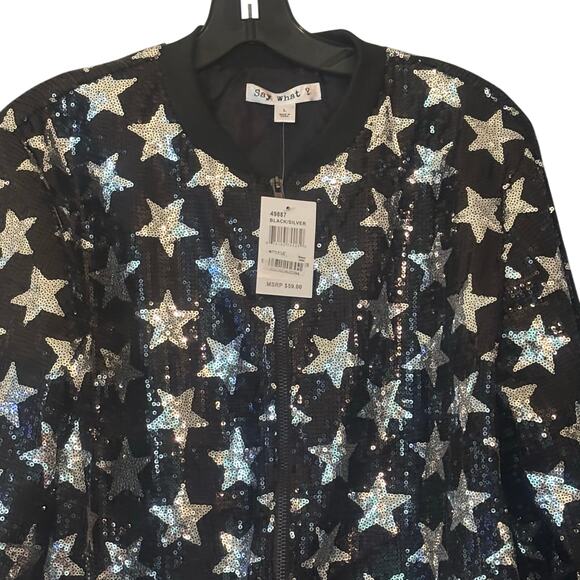 Say What? Bomber Jacket Sequin Silver Stars Embellished Full Zip L Sparkly NEW - Picture 12 of 12